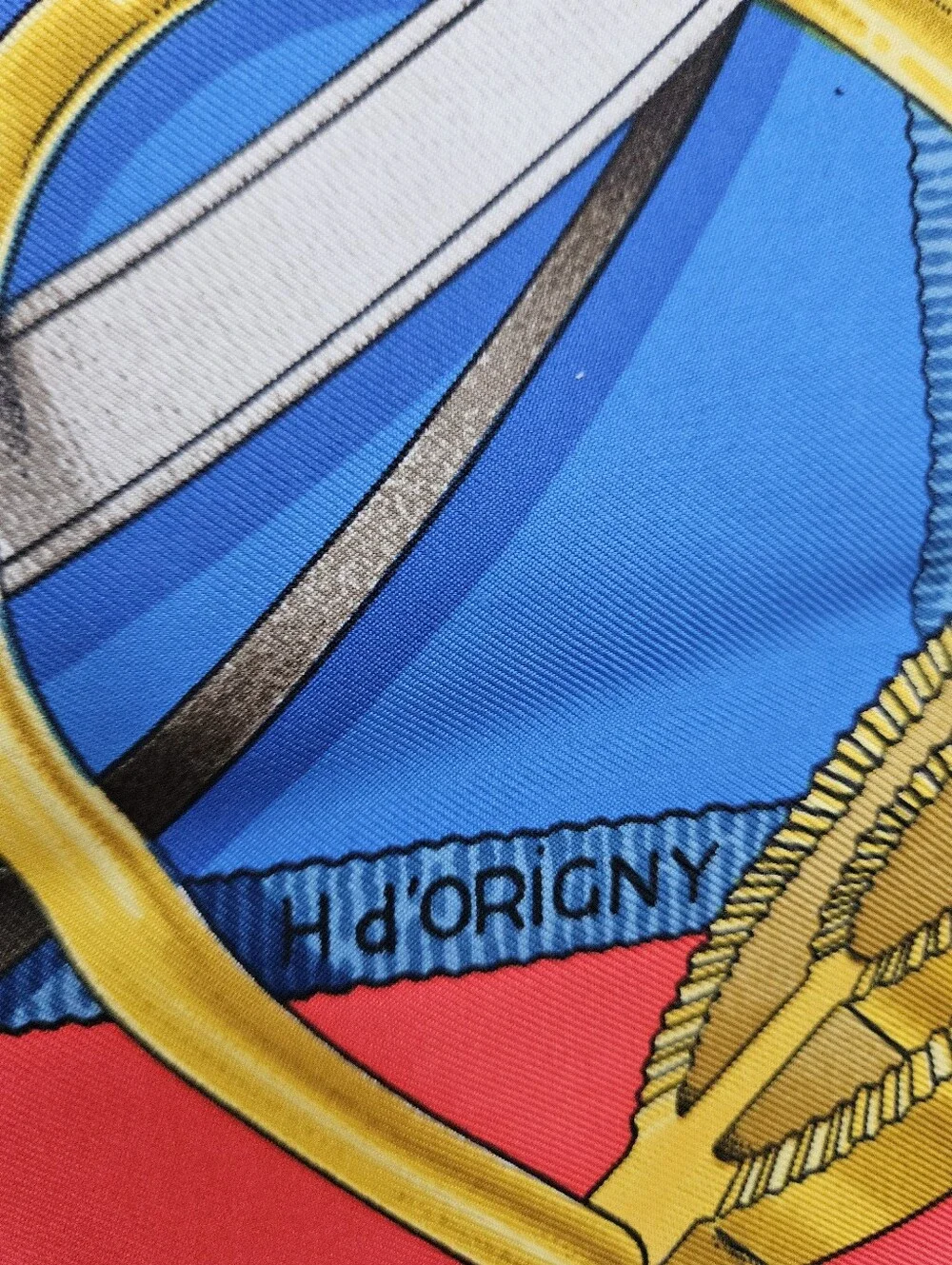 Hermes Red, Blue and Gold Equestrian Motif Silk Scarf 90X90cm  authentic